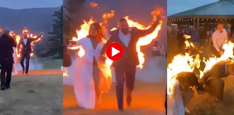 Couple 'catch fire', video, wedding reception, social media