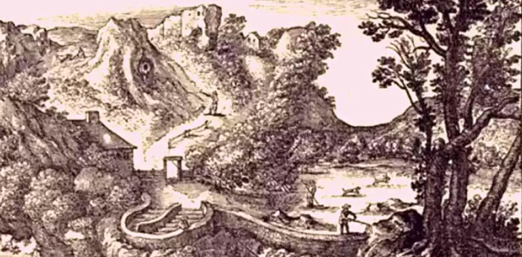 Optical illusion, vintage valley picture, hidden man’s face