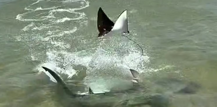 flying ray escape, hammerhead shark chase, Cape York marine life, ray jumps out of water